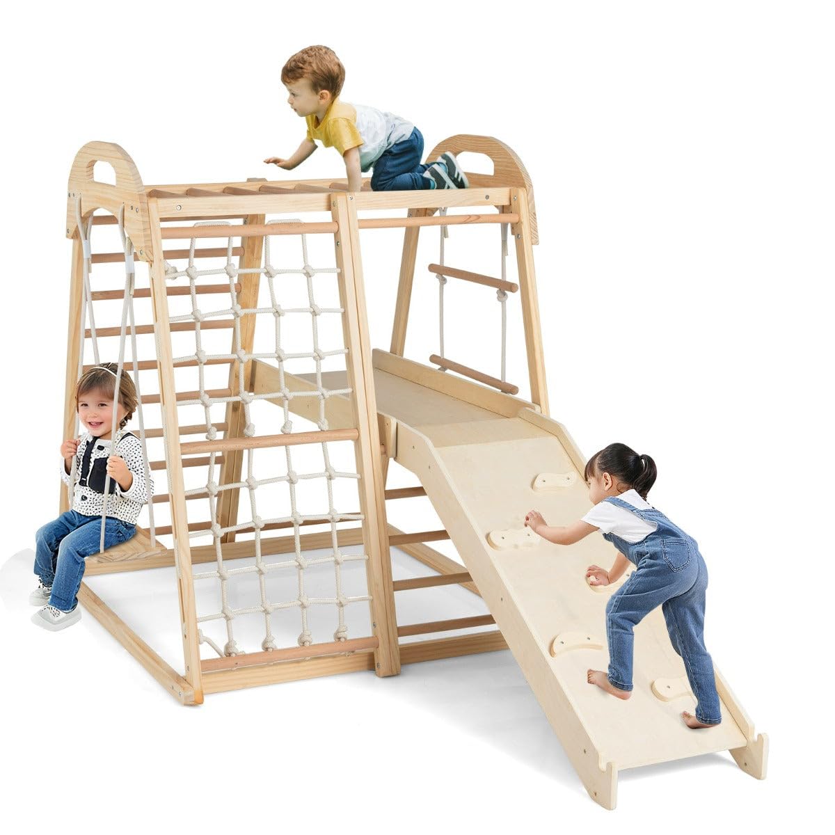 Parque infantil 8 en 1 198 x 105 x 124 cm Divertido y educativo Estilo Contemporáneo de Madera Natural 20_0018534