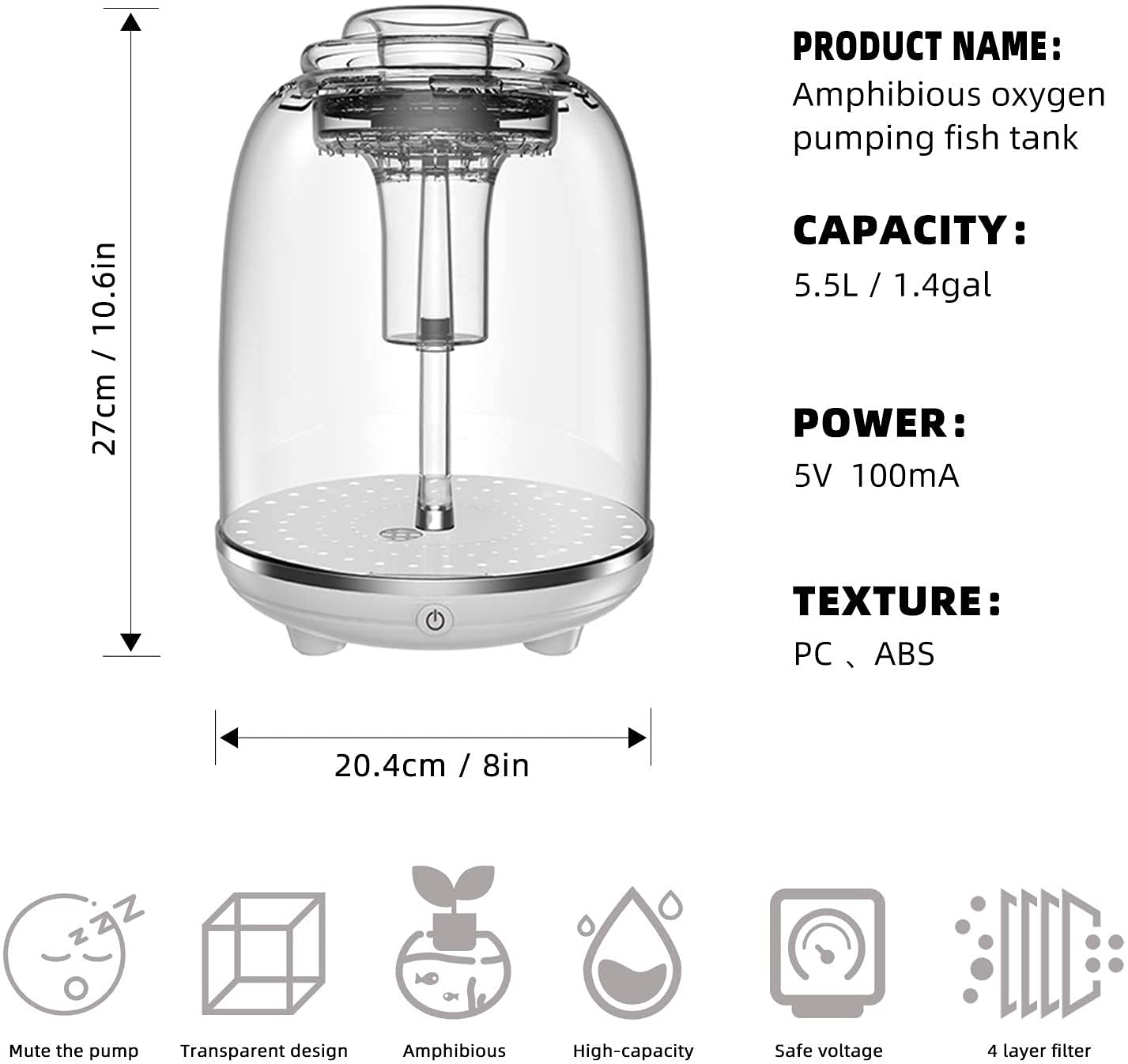 Aquarium Aquarium Rond Mini réservoir de Poisson Petit réservoir de Poissons réservoir de Paysage Tank filtrage Automatique Godet Tank avec LED Léger Bocal ​Poisson
