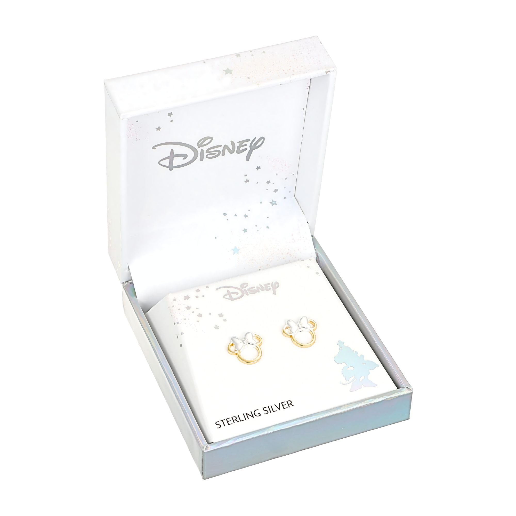 Disney Pendientes de Botón Minnie Mouse en Plata de Ley 925 con Baño de Oro Amarillo y Lazo Bicolor, Pendientes de Silueta Calada para Mujeres y Niñas, Caja de Regalo, Joyas Oficiales Disney