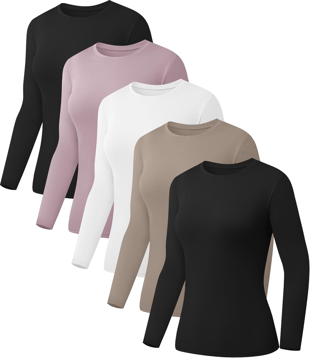 5 Pack Womens Basic Long Sleeve Shirts Crew Neck Slim-Fit Fitted T Shirts Tops Undershirts Underscrub Baselayer