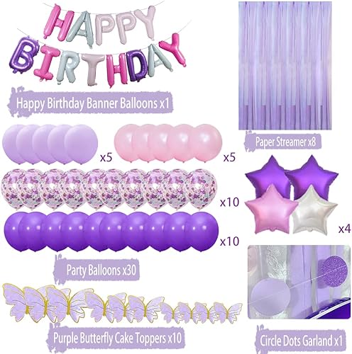 Miniatura 4 de Decoraciones de cumpleaños rosas y moradas, suministros de fiesta con pancarta de feliz cumpleaños, globos de confeti, globos morados y rosados,