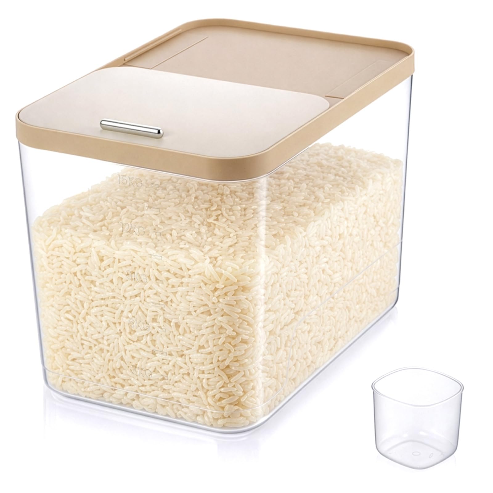 EVERGOODS 20L Airtight Rice Storage Container with Measuring Cup – Large Dry Food, Grain, Flour, and Pet Food Pantry Organizer, Transparent White, Flip-Top Kitchen Storage Container
