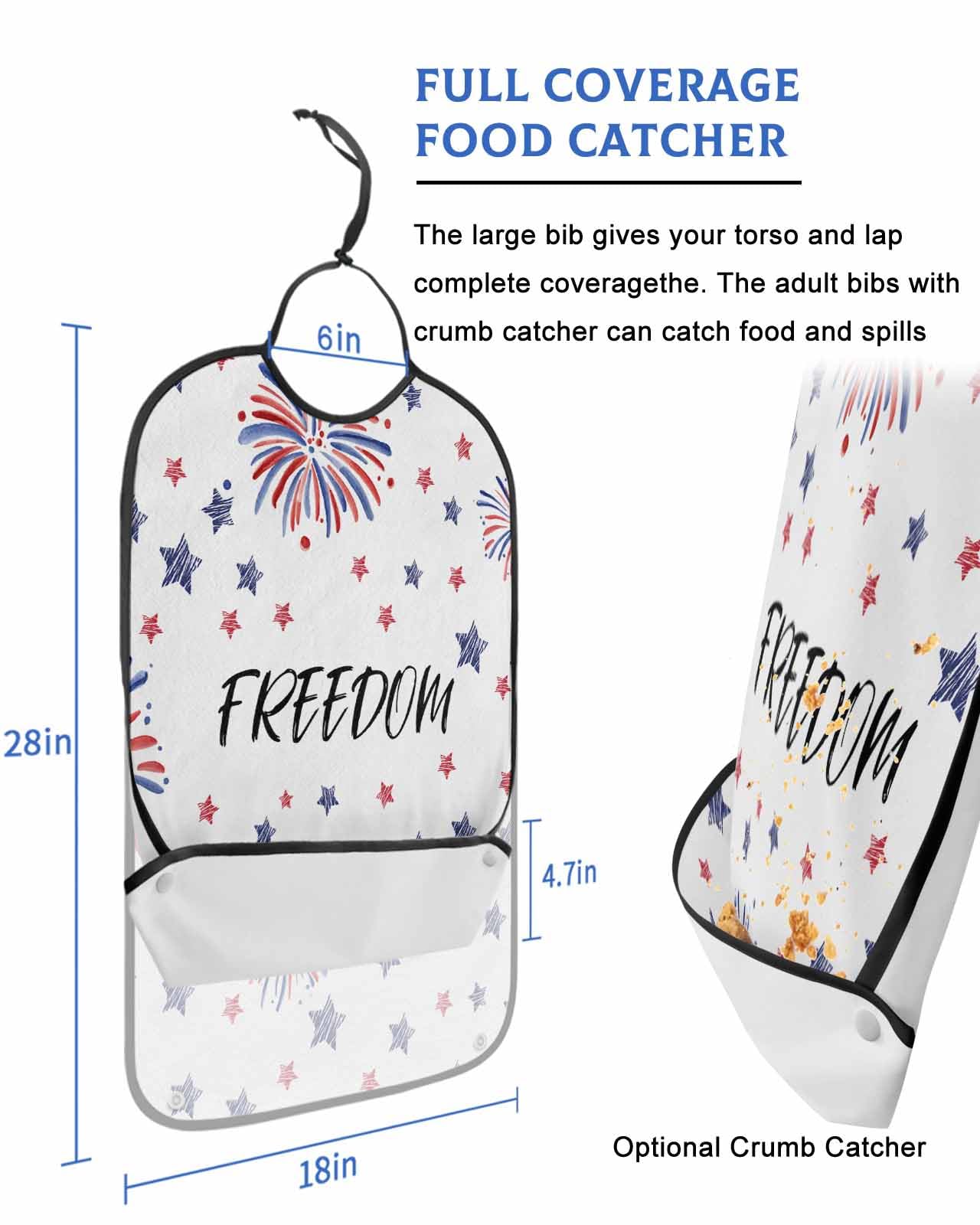 LEOKOTI Blue Red 4th of July Adult Bibs for Eating, Waterproof Bibs with Food Catcher & Adjustable Snap Closure, Independence Day Star Fireworks Washable Clothing Protectors Adult Bibs for Elderly