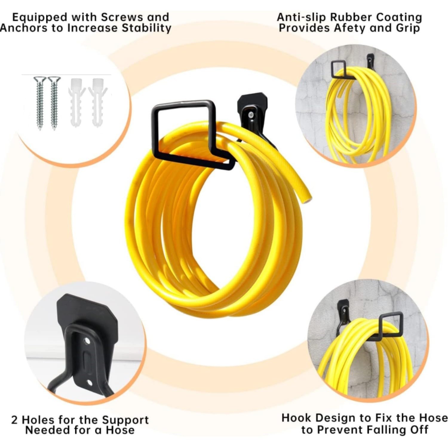 Support Tuyau Arrosage Mural, Métal Noir, Crochet Mural Robuste - Jardin