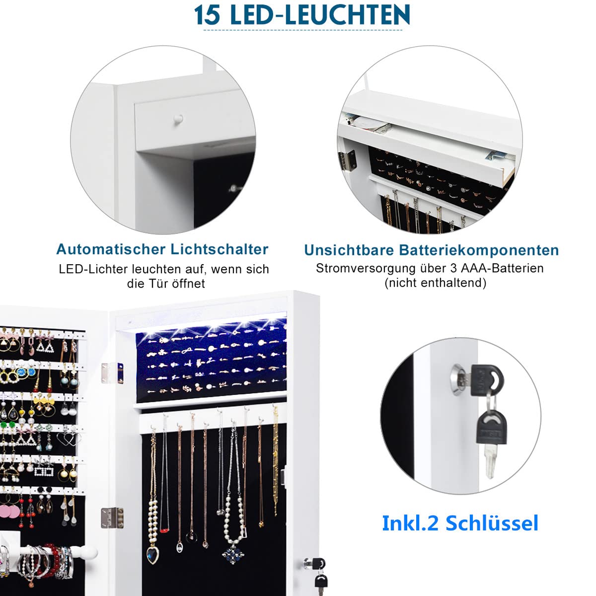 RELAX4LIFE Schmuckschrank mit 15 LED Leuchten & Spiegel, Hängeschrank im Landhausstil, Spiegelschrank mit 2 Schubladen & 2 Schlüsseln, Tür- & Wandmontage, für Ohrringe & Ketten & Ringe, Weiß, Holz
