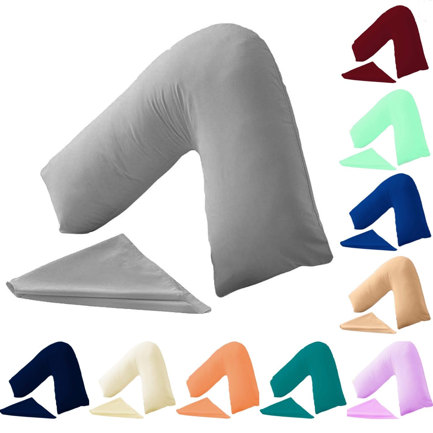 KARKARM Easycare Plain Dye V Shaped Pillowcases Covers 2 Pack, V Neck Pillow Covers for Adults Orthopedic Pregnancy Nursing, Large V Pillow Cases Grey, 73x34cm
