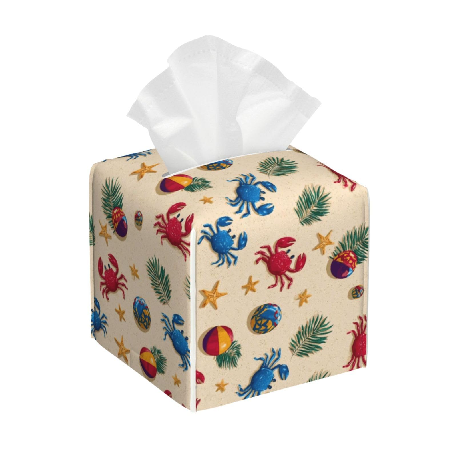 Summer Beach Crab Print Tissue Box Cover Holder Square, Foldable Modern Cube Tissue Box Cover, Leather Decorative Organizer for Tabletop Bathroom Car Office Desk Decor