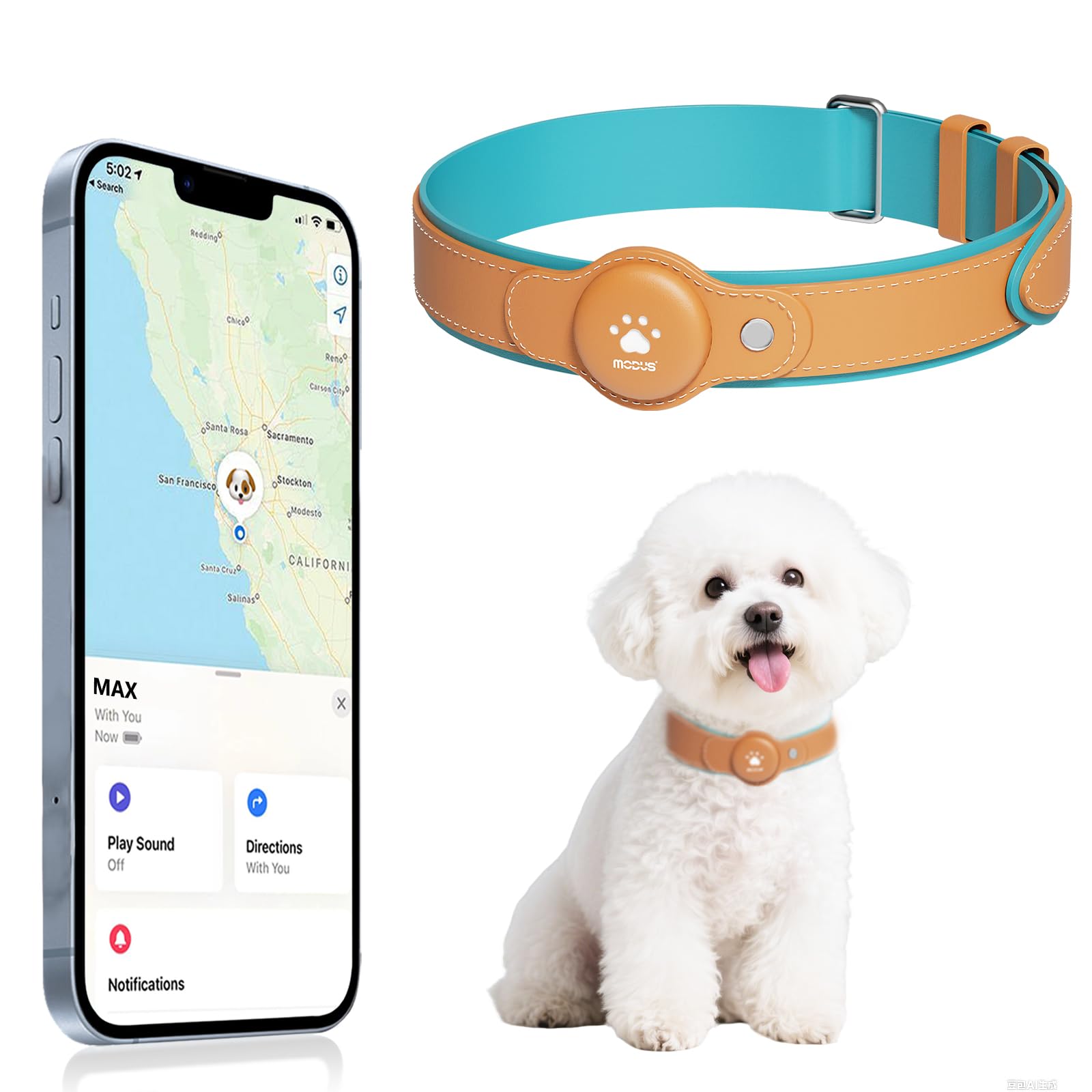 GPS Tracker for Dogs, 2 in 1 Pet Tracking Smart Collar (Only iOS), No Monthly Fee GPS Tracker Dog Collar, Real-time Location Comfortable PU Tracker Tag for Small, Medium Large Dogs(Locator Included)