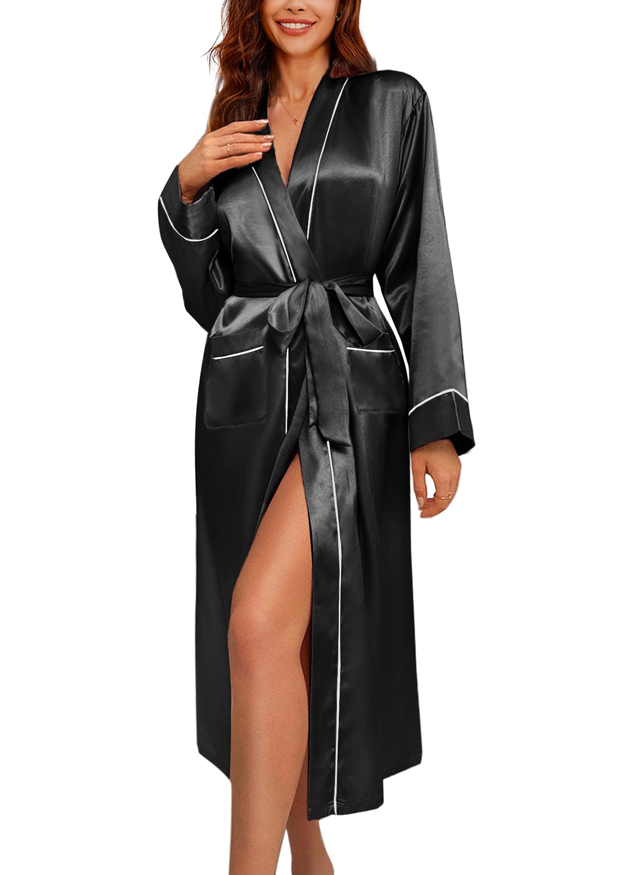 Ekouaer Satin Robes for Women Long Sleeve Silk Bathrobe Soft Lightweight Full Length Sleepwear Bridesmaid Wedding Party Robes