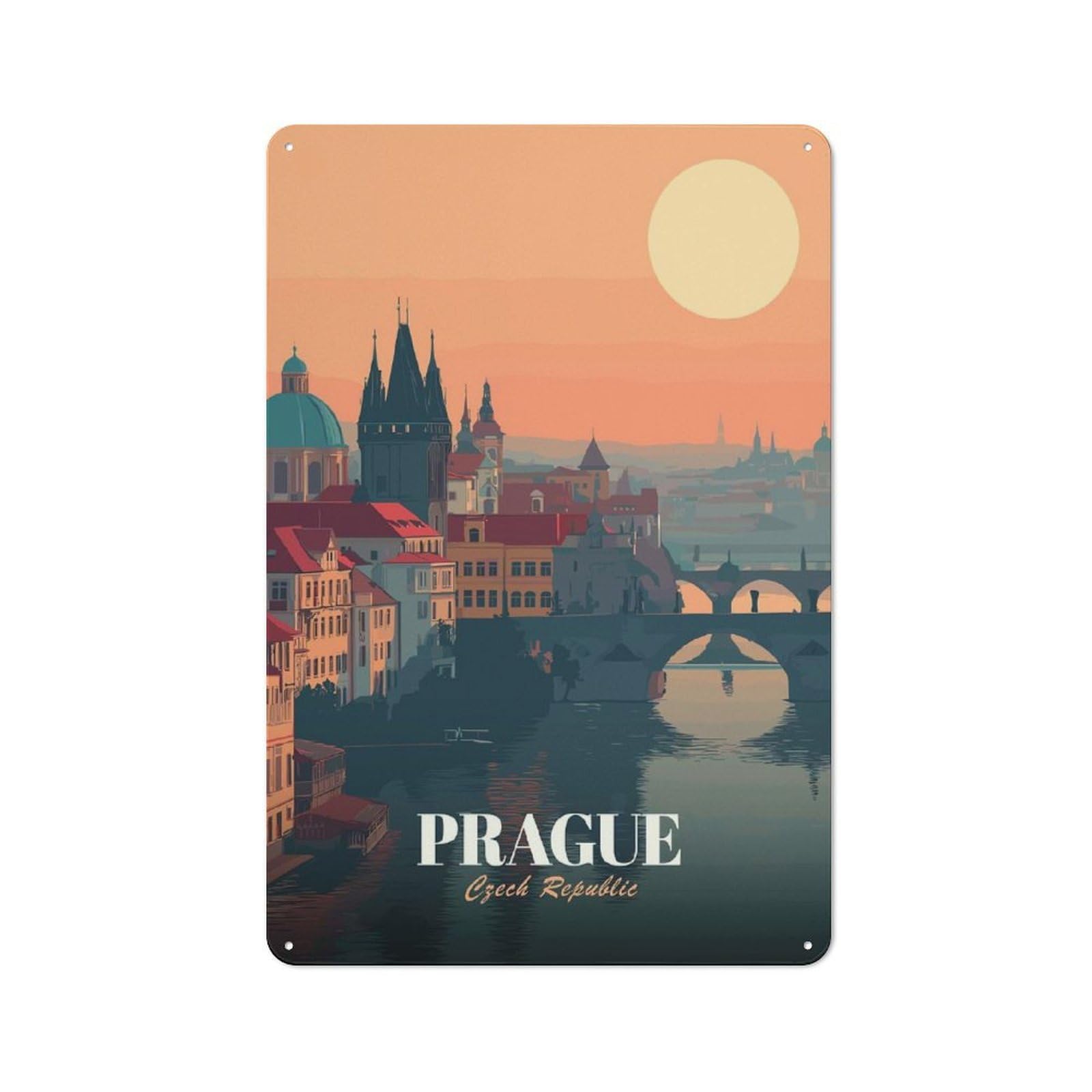 Junmoney Style-24 Garage Style Decorative Metal Plaque 30X20cm Featuring Prague, Czech Republic Travel, Garage Wall Decor For Garage, Workshop, Shed Or Utility Room