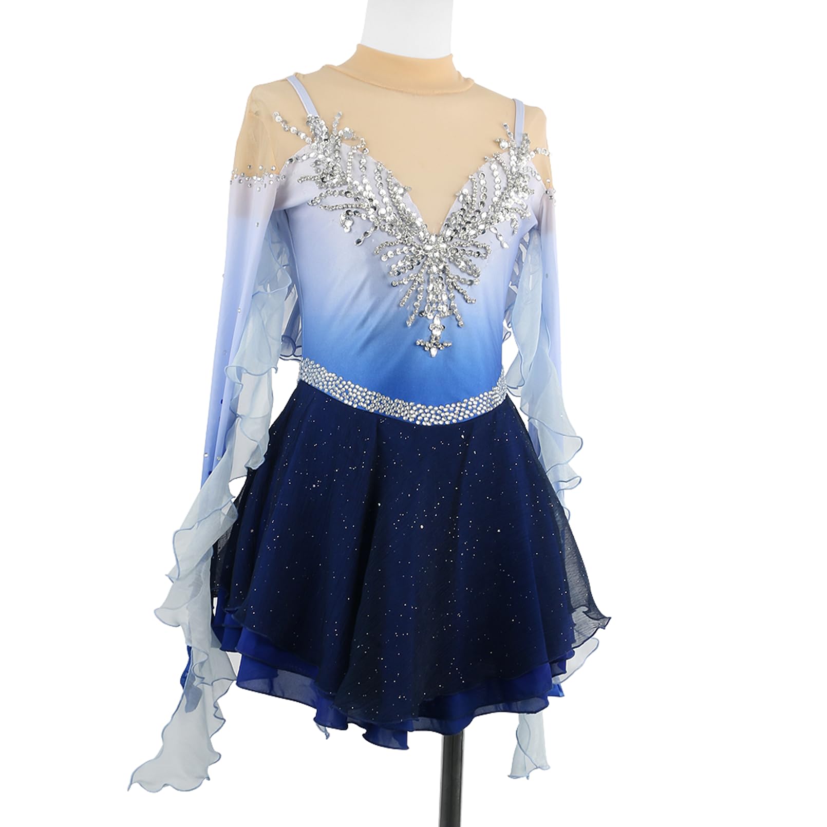 Vestido Patinaje Artistico Niña, Maillot Azul Cinta Manga Larga Mujer de Lentejuelas Rhinestone, Vestido De Baile Lírico Maillot