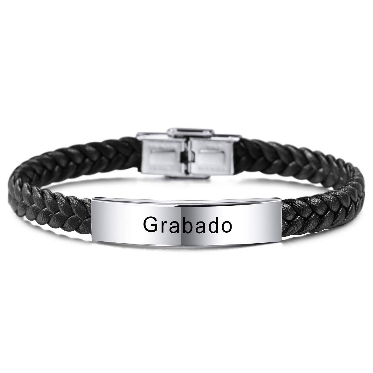 MeMeDIY Pulsera de Cuero Personalizada con Grabado Nombre Fecha Identificación para Hombres Mujeres Niños Niñas Acero Inoxidable Brazalete Trenzado Ajustable Amor Aniversario Joyería Regalo