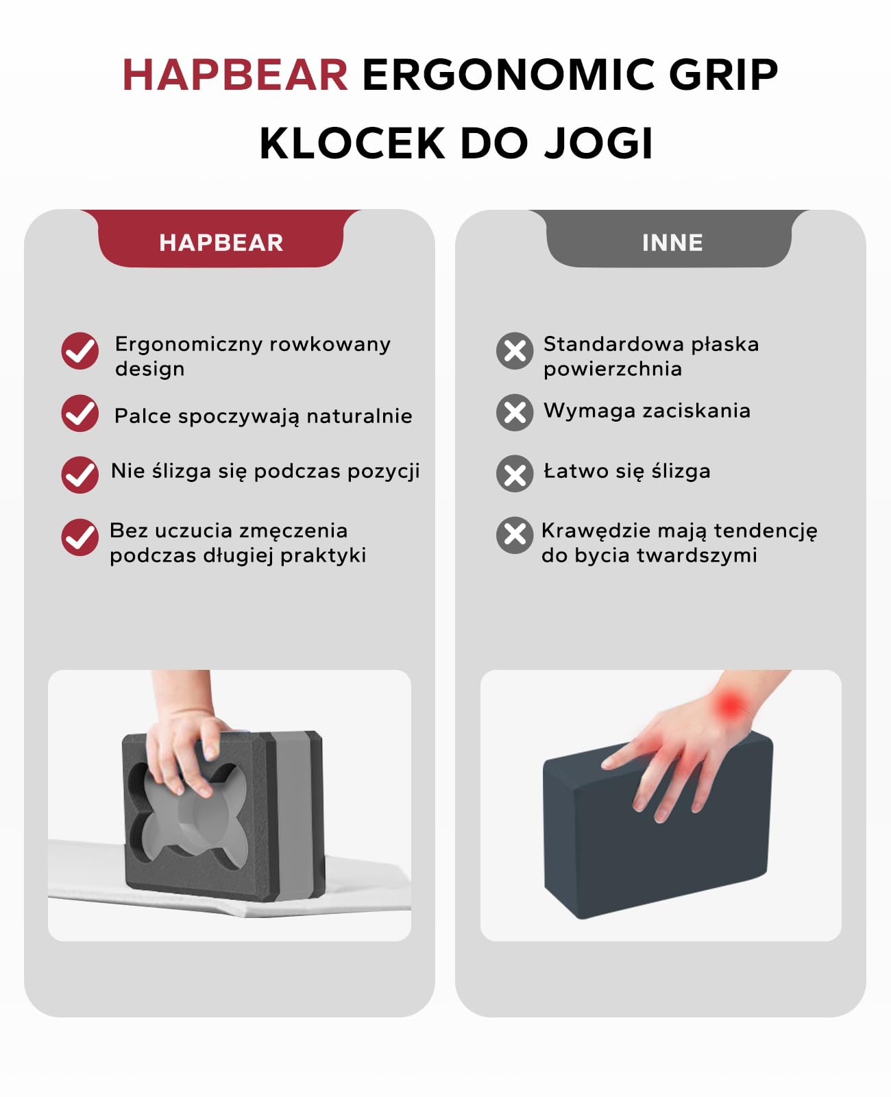 HAPBEAR 2 Klocki do Jogi – 23×15×7,5 cm EVA, Antypoślizgowe i Lekkie, Ergonomiczne, Stabilne do Pilates i Rozciągania – z Paskiem, Taśmami i Piłką do Masażu