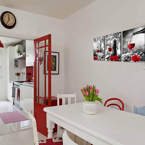 Miniatura 2 de Decoración de vino lienzo de cocina arte de rosa de vino tinto para paredes del hogar blanco y negro con pintura de vino tinto arte de rosa