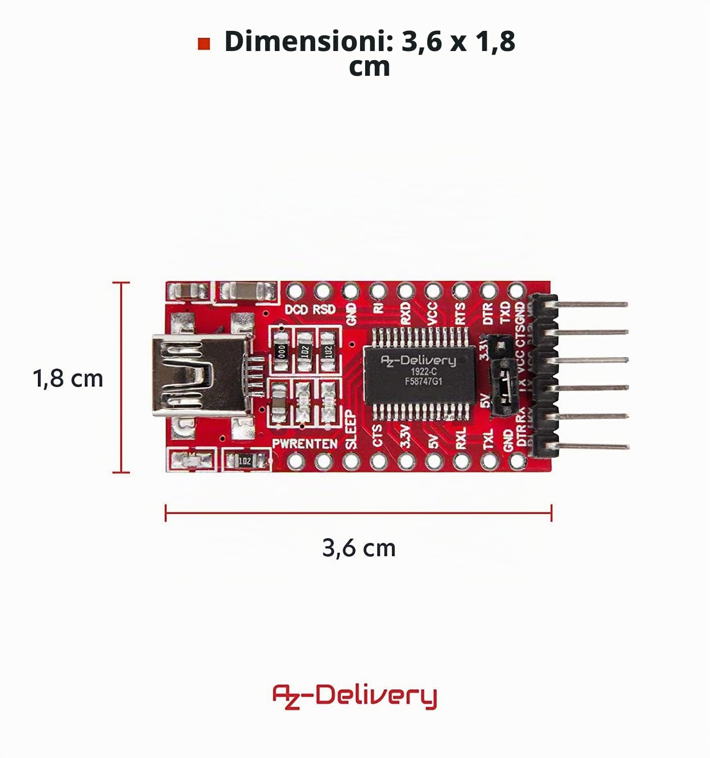 AZDelivery Adattatore Seriale compatibile con FT232RL da USB a TTL per 3,3V e 5V compatibile con Arduino incluso un E-Book!