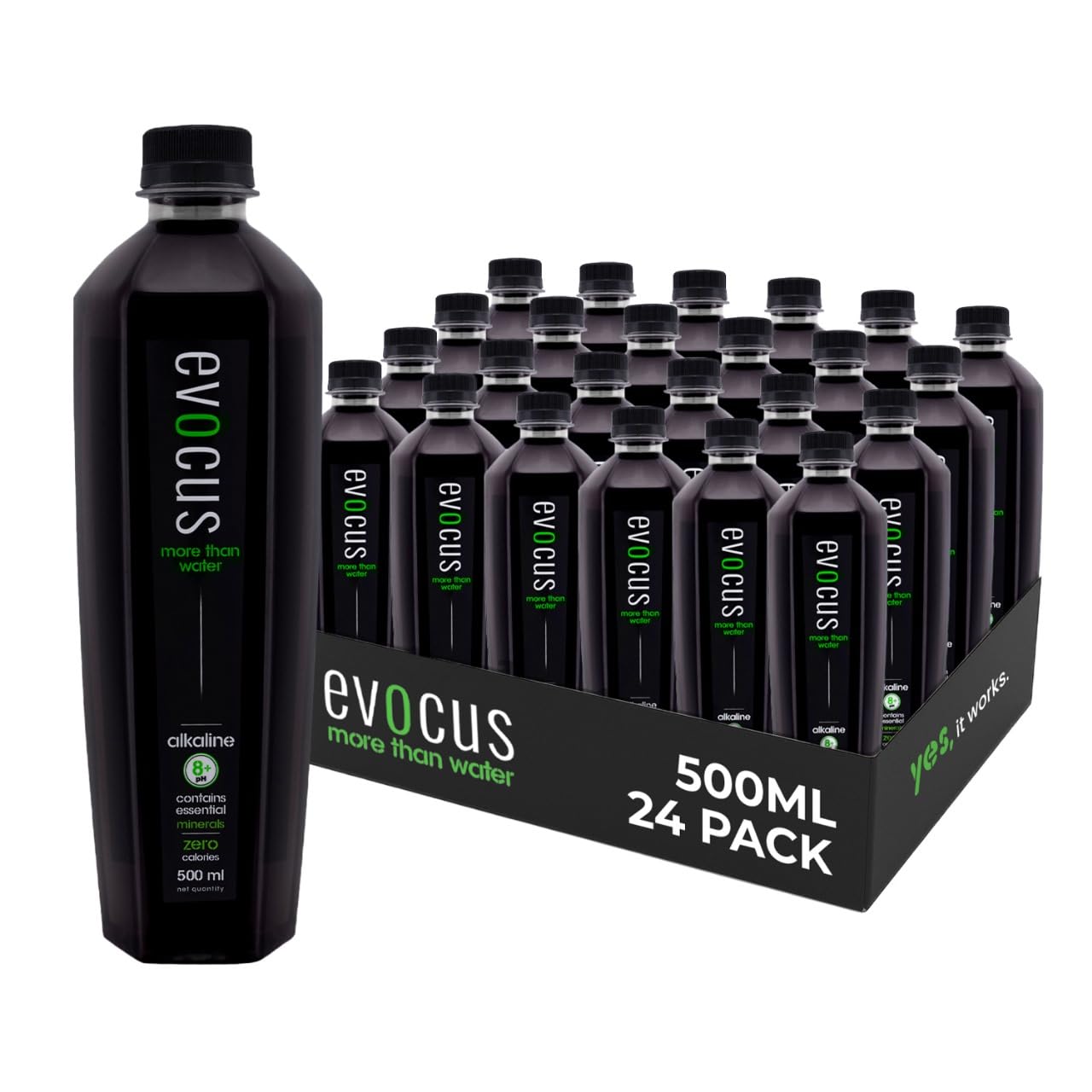 Evocus Black Alkaline Drink 500ml - 8+ pH, 4X Superior Hydration, Essential Minerals, Zero Calories, Caffiene, Sugar| Clinically Proven Benefits | Yes, it works. | Pack of 24 | 500 ml