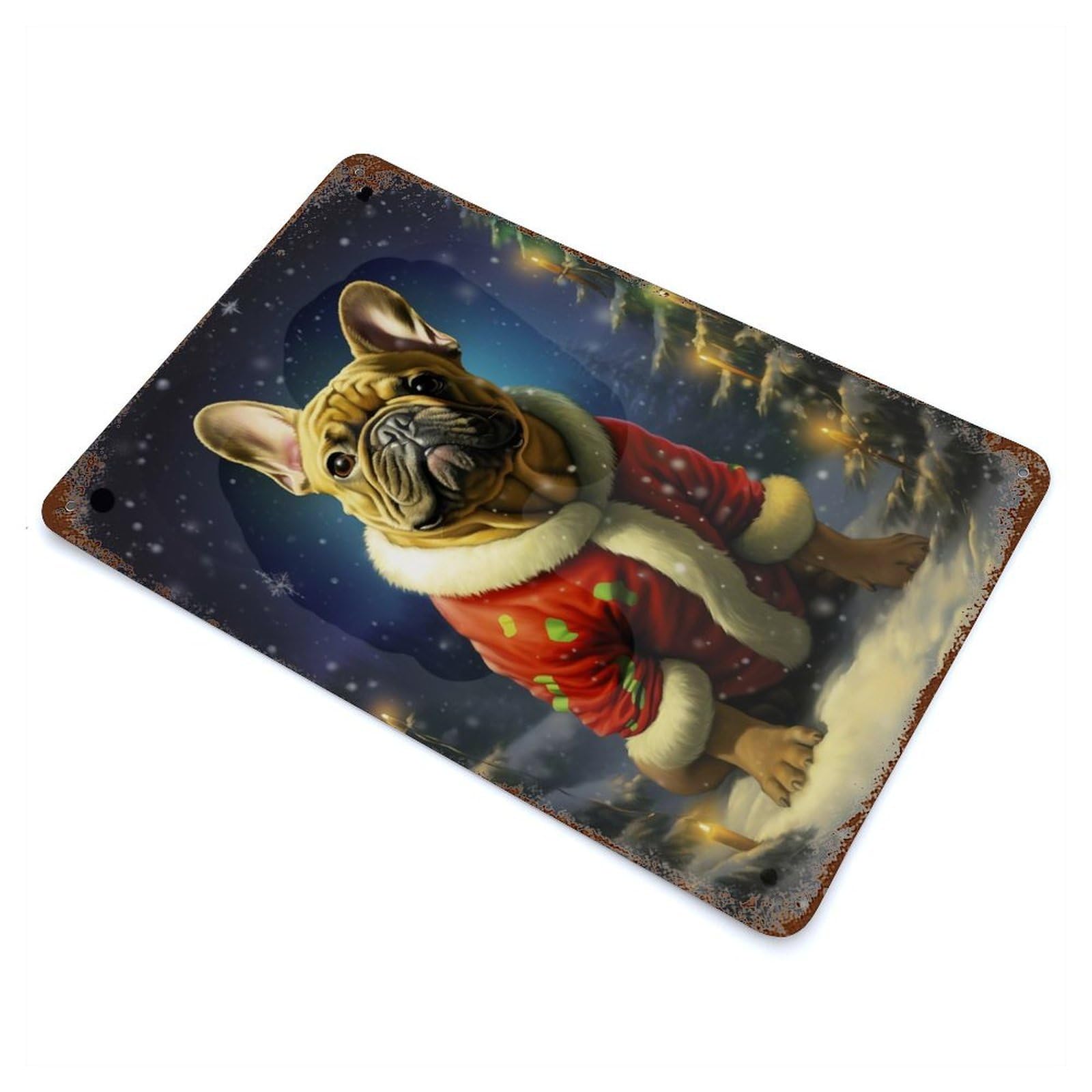 Weathered Tin Sign with Jolly Bulldog Xmas Design 11.8"x7.9", for Garage, Bar And Workshop Decor, Decorative Metal Wall Art