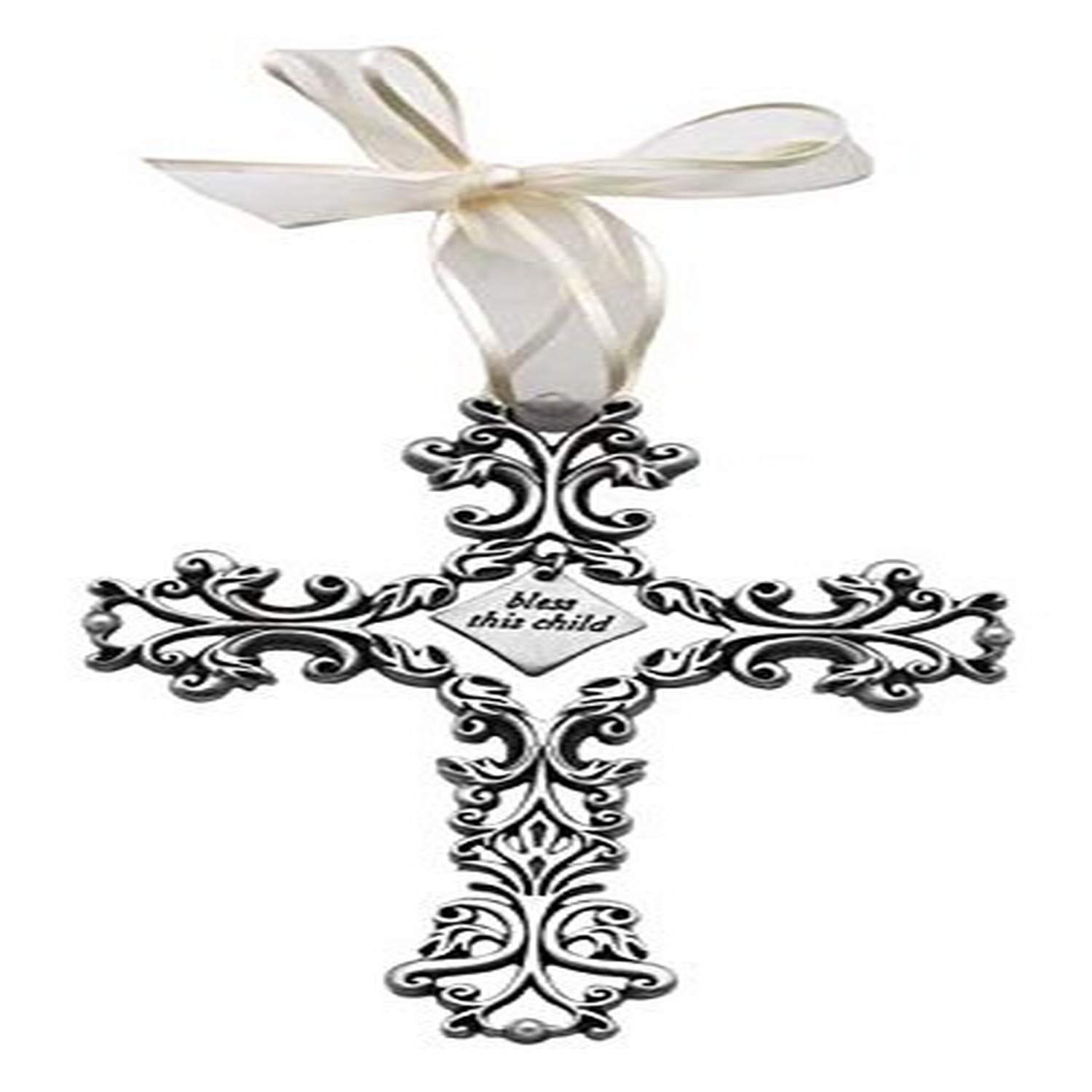 Cathedral Art Bless This Child White Ribbon Baby Cross, 5-Inch High