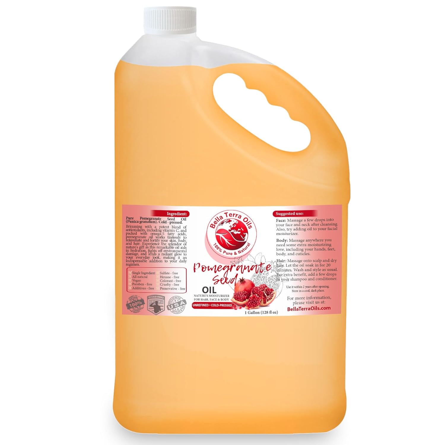 Bella Terra Oils Pomegranate Seed Oil for Radiant Skin and Lustrous Hair – 1gallon, High in Antioxidants