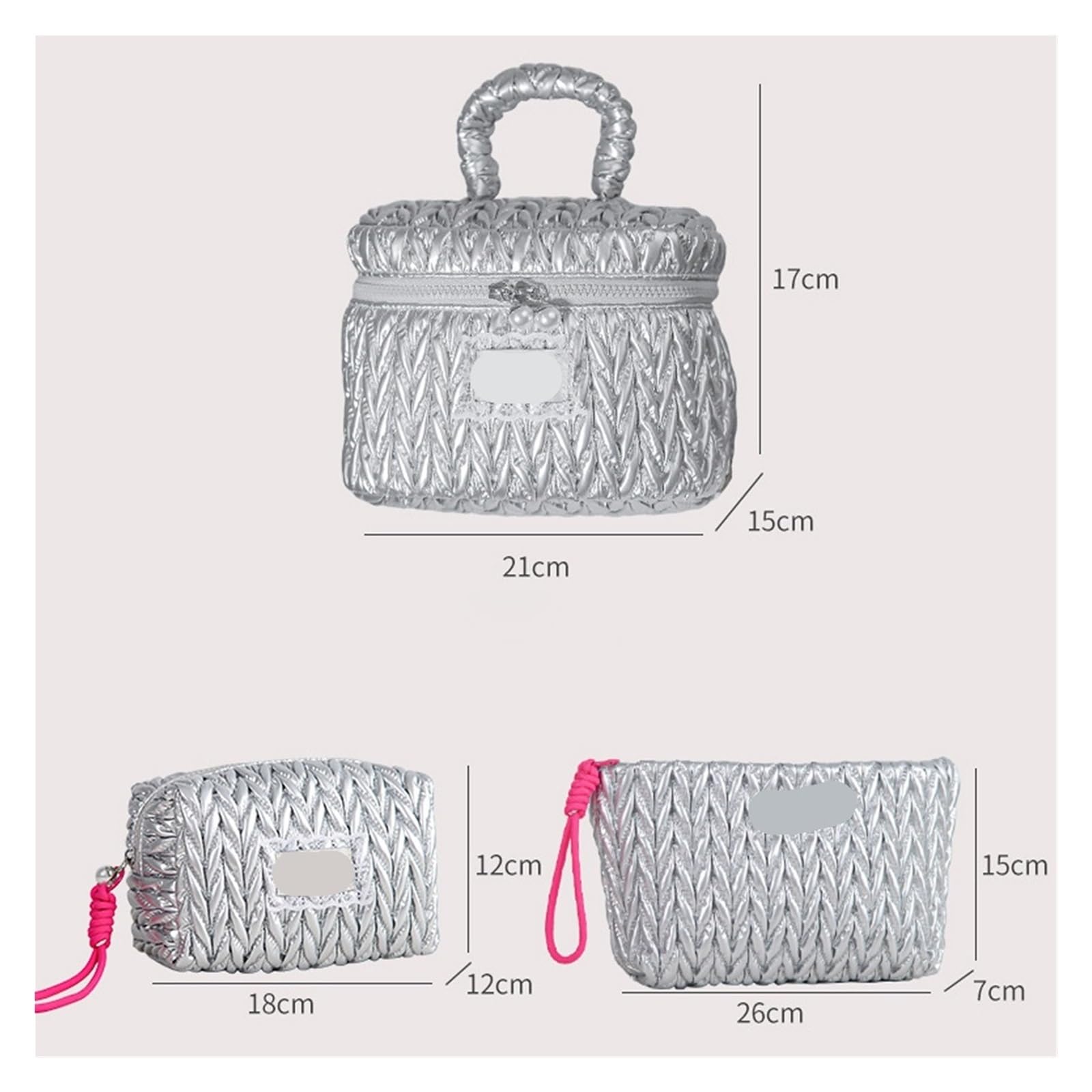 Beauty Case Trapuntato Borsa cosmetica in pelle PU trapuntata argento | Organizer for trucchi da viaggio di grande capacità(17x10cmx11cm)