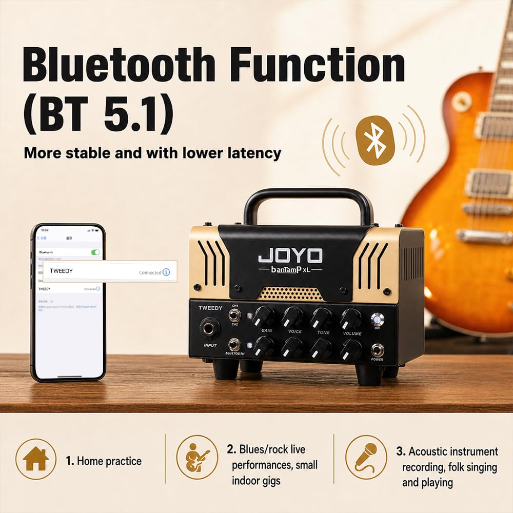 JOYO Tweedy BanTamp XL Serie Mini Gitarren-Topteil 20W Hybrid Röhren 2-Kanal mit Bluetooth (Nur Kopf, Box benötigt)