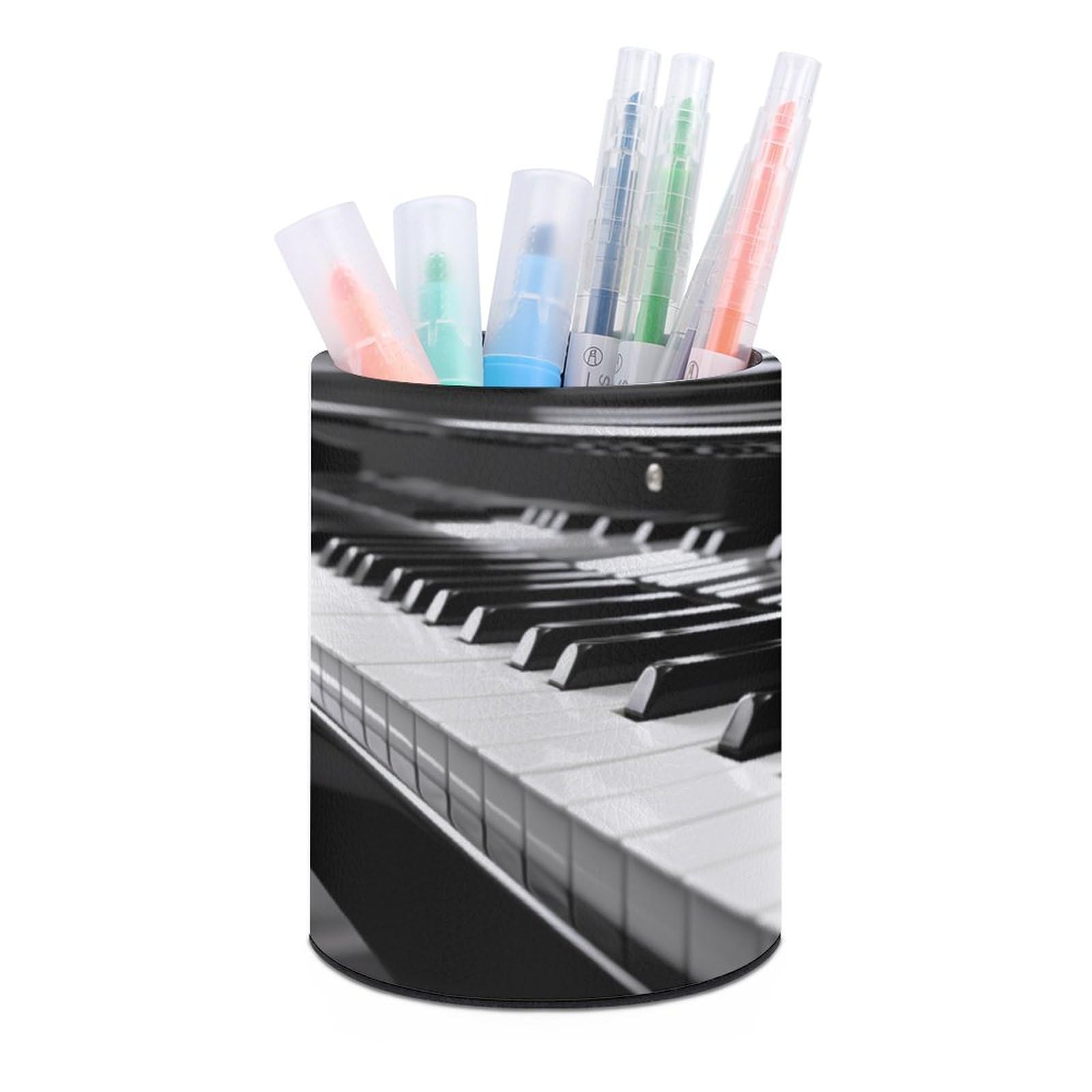 JTREHY Round Pen Holder,Black White Piano Keyboard Printed Makeup Brush Storage Box Desktop Stationery Storage Cup Office Accessories Storage Box Pencil Storage Box for Home Office Dressing Table