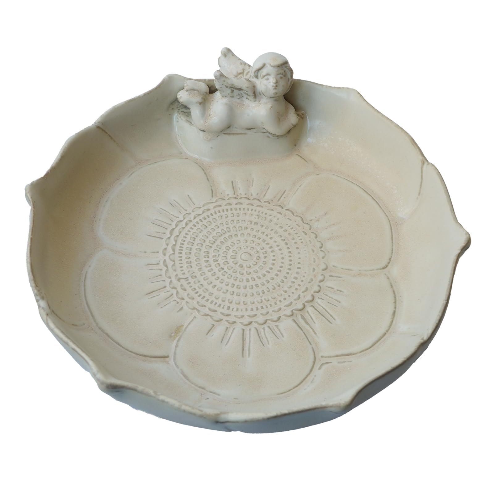 Keramik Vogeltränke & Futterspender - Engel Design Beige Weiß, Outdoor Garten Wildvogel Schale