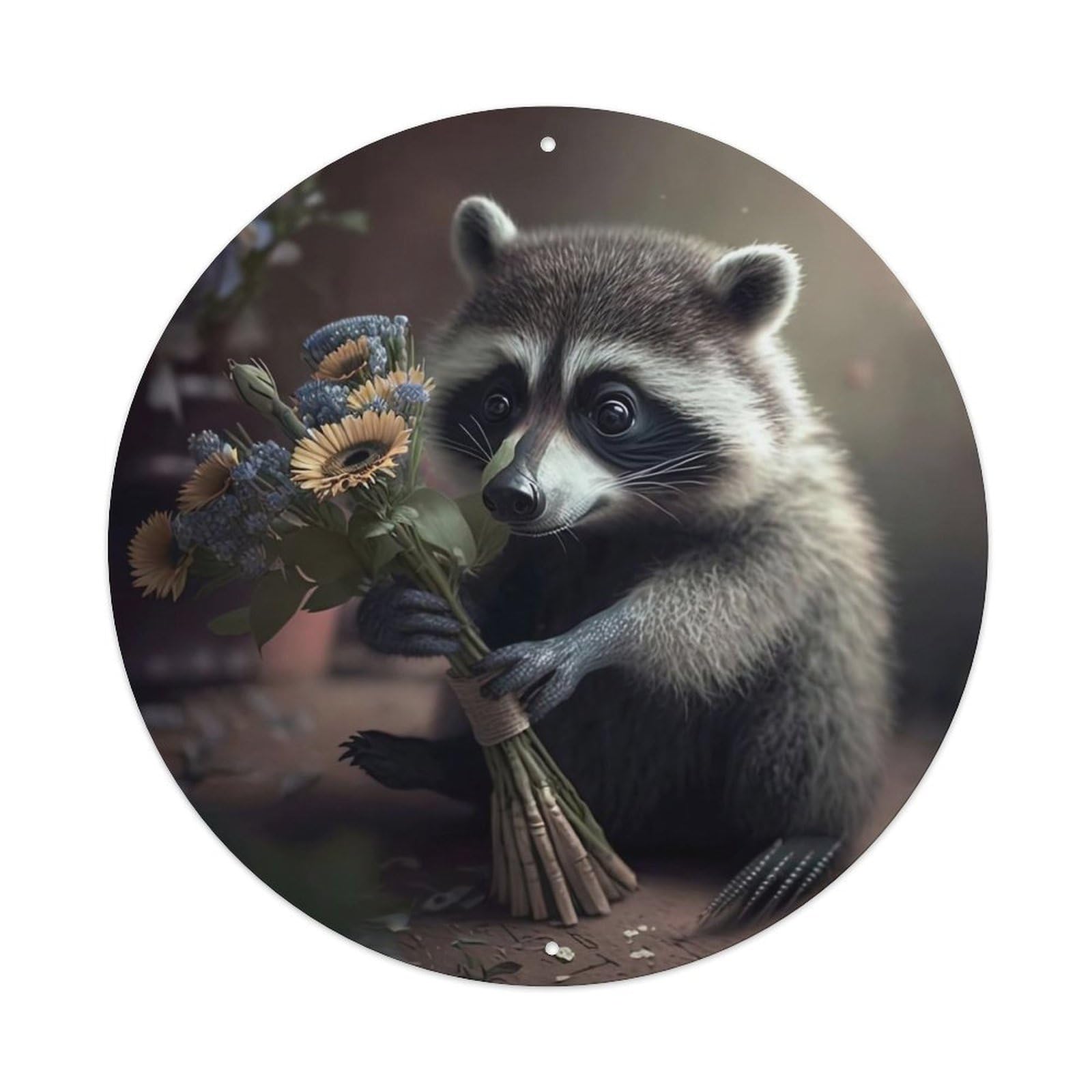 Wildlife Artwork Little Raccoon Holding Bouquet of Flowers Vintage Metal Tin Sign Plaque Wall Decor for Cafe, Club, Garden Round Metal Poster 8x8Inch
