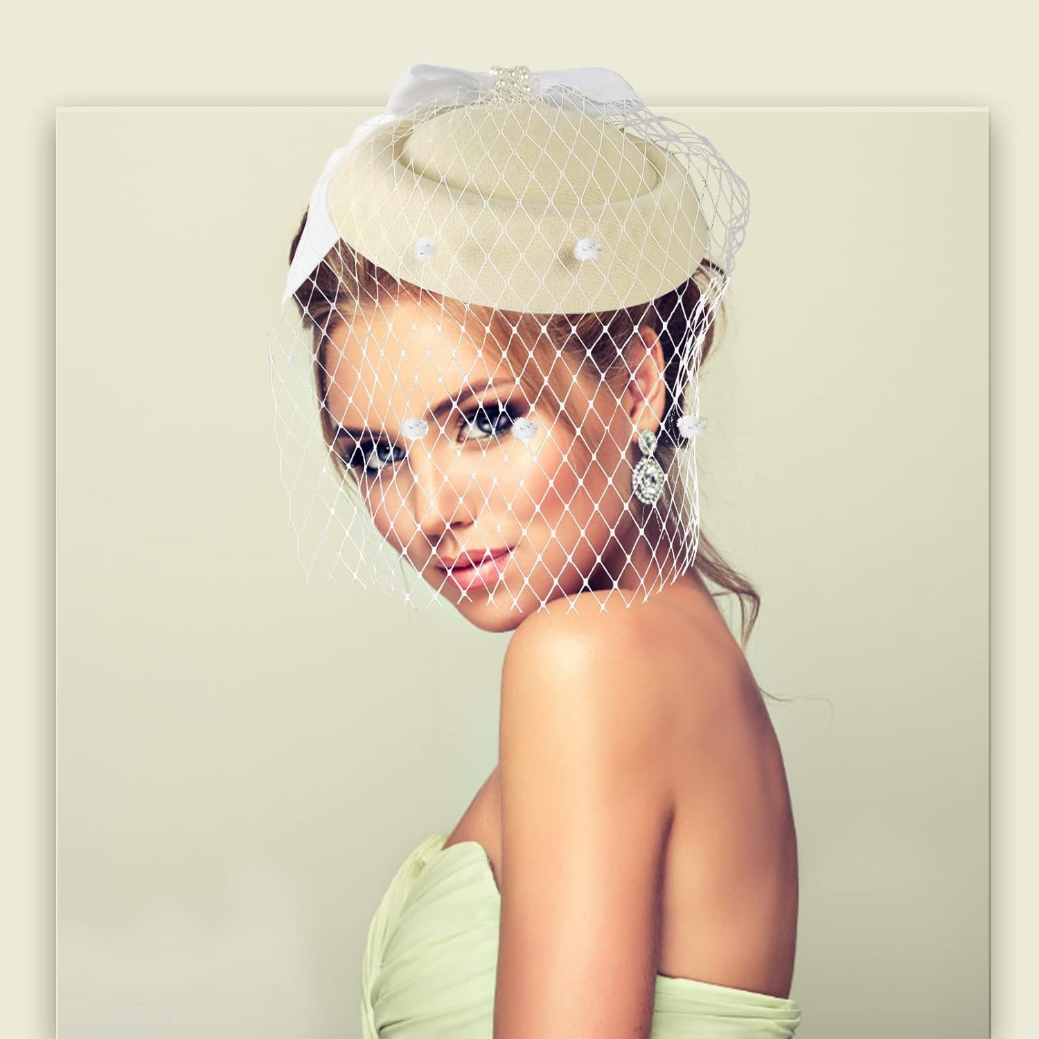 Women's Fascinators Veil and Retro Charming Mesh Hat with Lace Gloves Imitation Pearl Necklace,Suitable for 1920s or 1950s Vintage Tea Party Cocktail Hall Wedding Church Derby Hat Set. Beige - Image 7