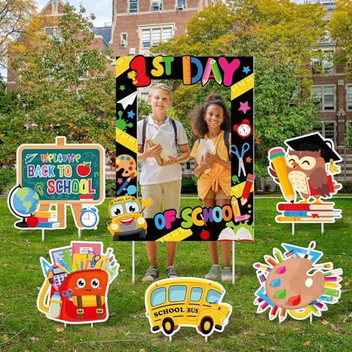 Memorywuu 6 Pcs Welcome Back to School Yard Sign with Stakes 1st Day of School Photo Frame Decor Photo Booth Selfie Frame Yard Sign for Outdoor Lawn Garden Welcome Back Decoration Classroom Decoration