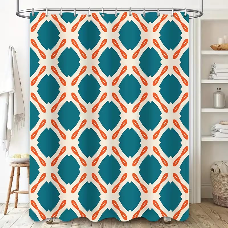 Rideau de douche 150x180 géométrique bleu et orange en tissu imperméable