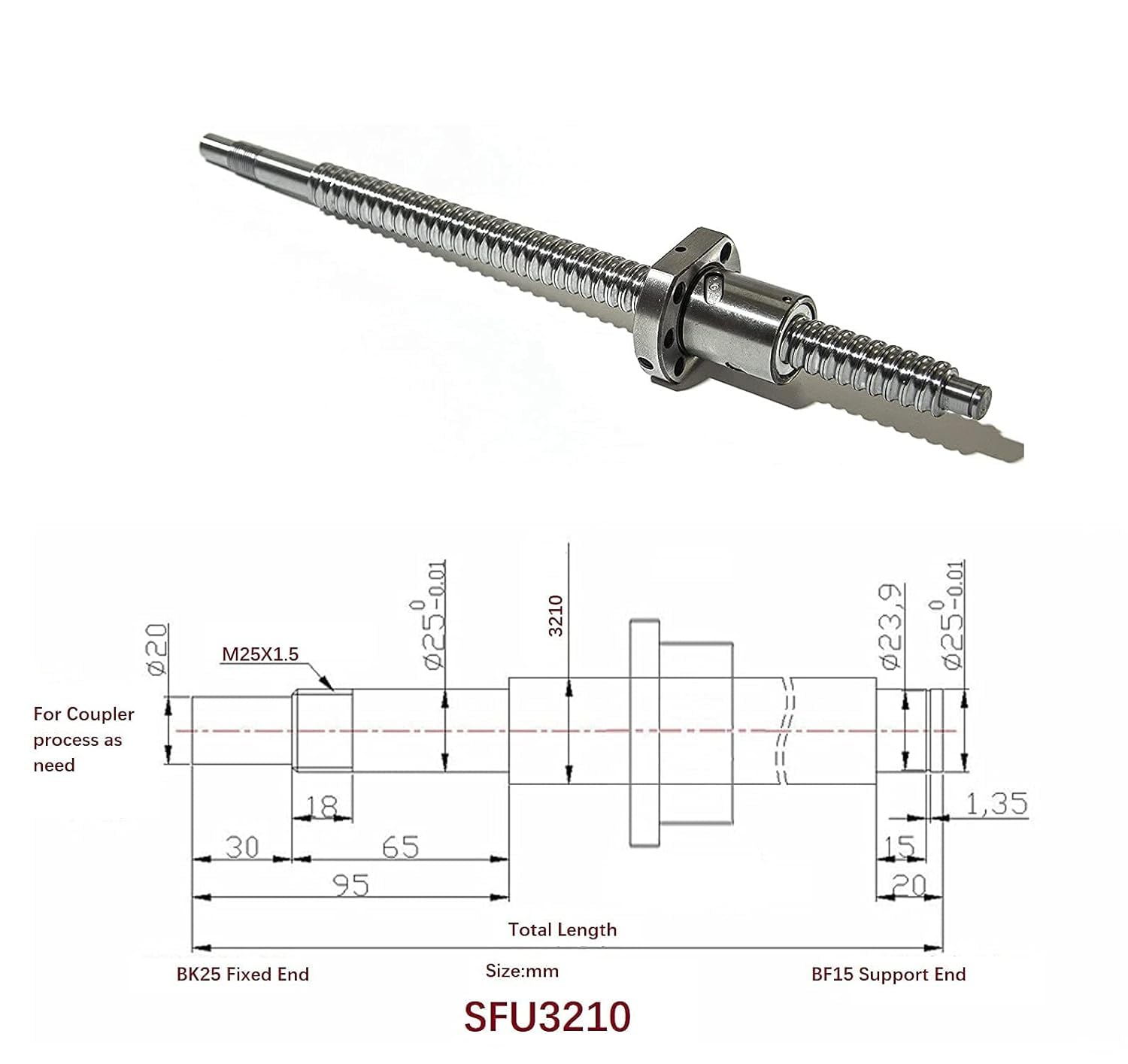 32mm Ballscrew Kit SFU3210 RM3210 Anti-Backlash Ball Screw, Length 47.24 inch / 1200mm 10mm Pitch + Ball Screw Metal Nut + BK/BF25 Bearing End Supports+ Coupler for CNC Machine