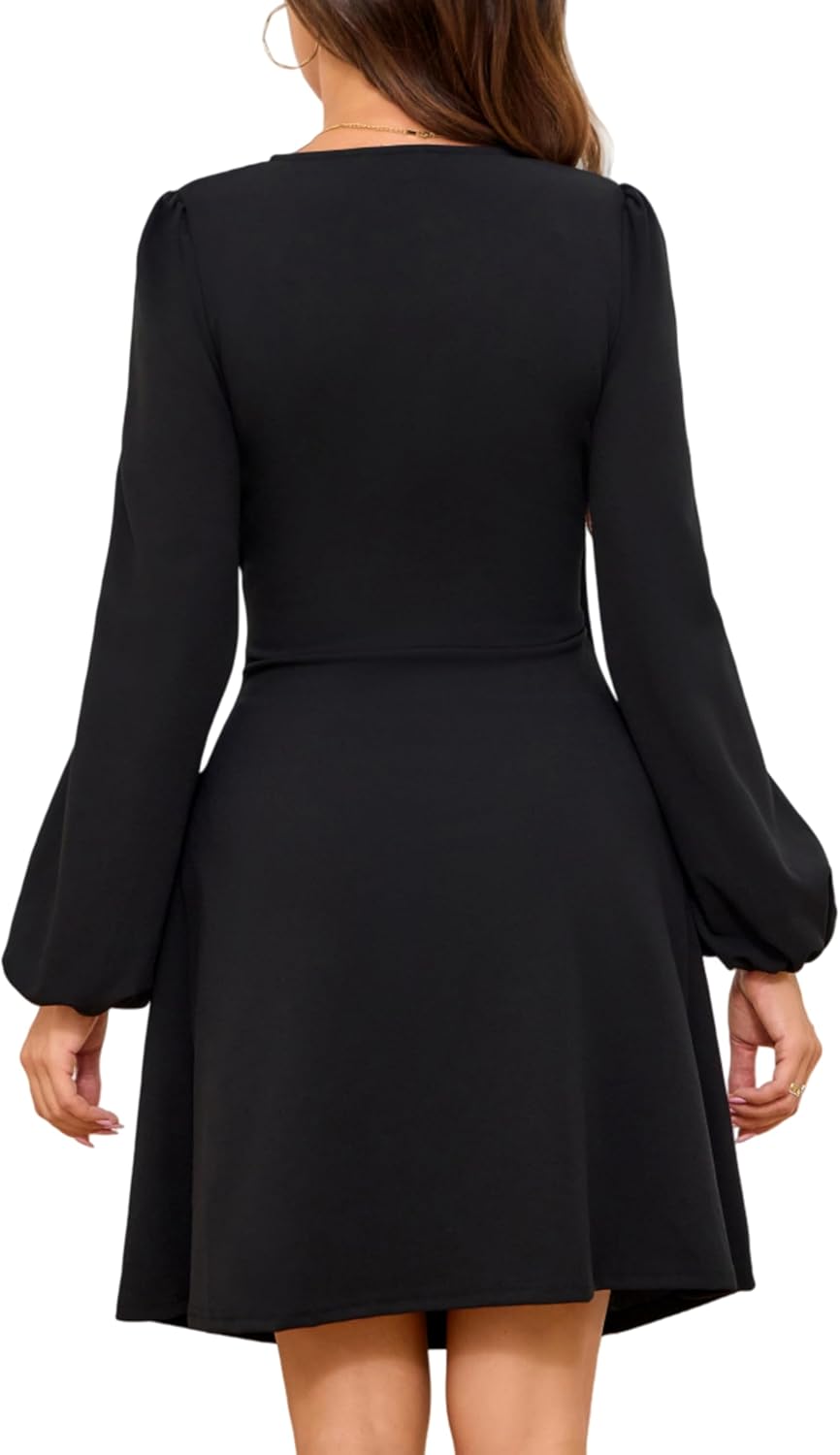 Women Puff Latern Sleeve Wrap V Neck Ruched Party Club Holiday Homecoming Night Out Cocktail Dress - Image 2