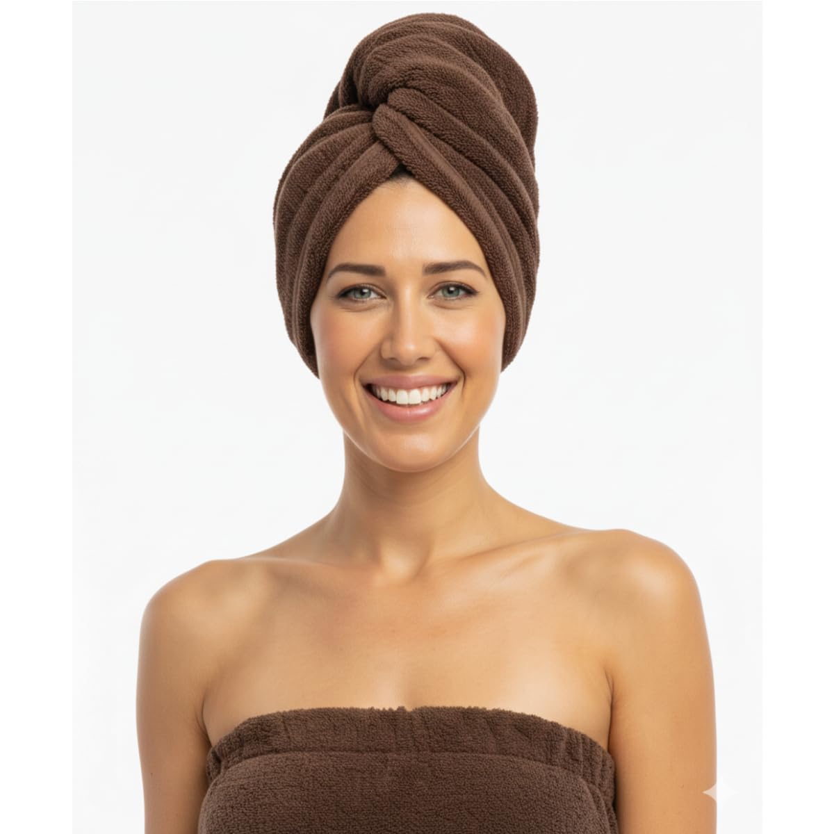 DIVINE OVERSEAS Premium 100% Cotton Hair Wrap Towel Turban | Double Sided Terry Super Absorbent Quick Dry Free Size | Soft Lightweight Durable Hair Drying Wrap | Coffee Brown | Spa Salon Use