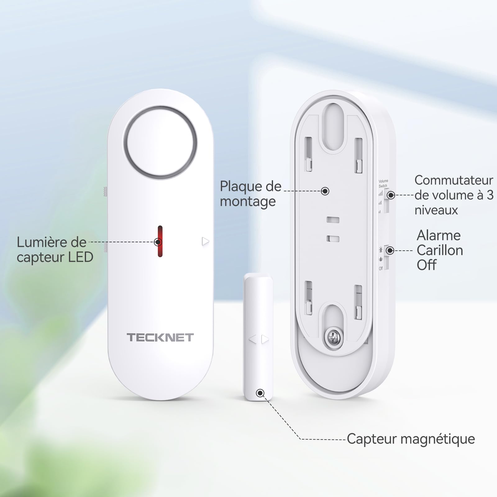 TECKNET Alarme Porte et Fenêtre sans Fil, Alarme et Carillon 2 en 1, Contrôle du Volume à 3 Niveaux, Systeme Alarmes Maison, Alarmes Antivol sans Fil pour la Maison, Le Magasin, Le Bureau (6 PCS)