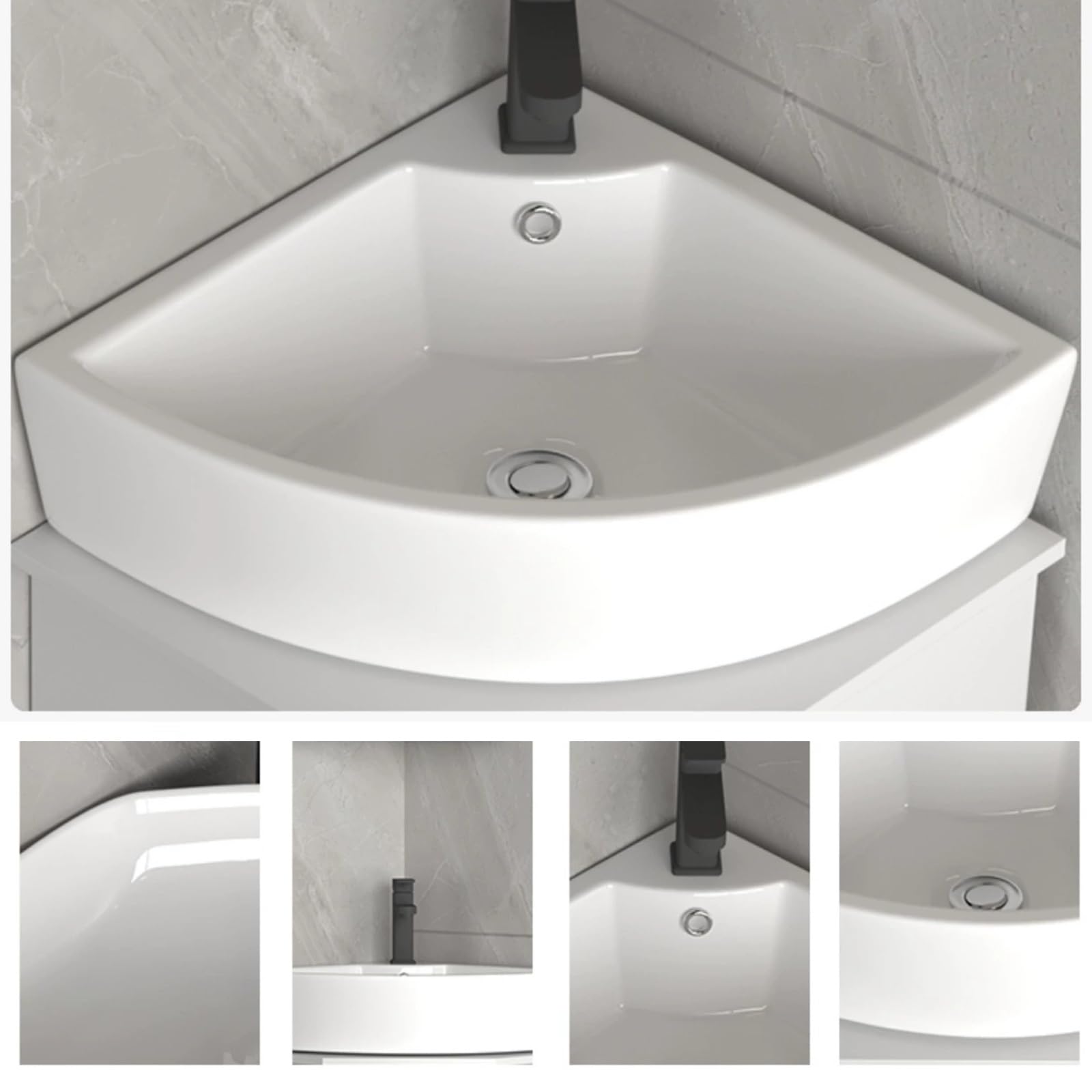 Nowoczesny czarny narożny zestaw łazienkowy z szafką do montażu na ścianie ceramiczna umywalka zlew chromowany kran i wyskakujący odpływ w kształcie litery U 48 x 48 cm, biały - 48 x 48 cm