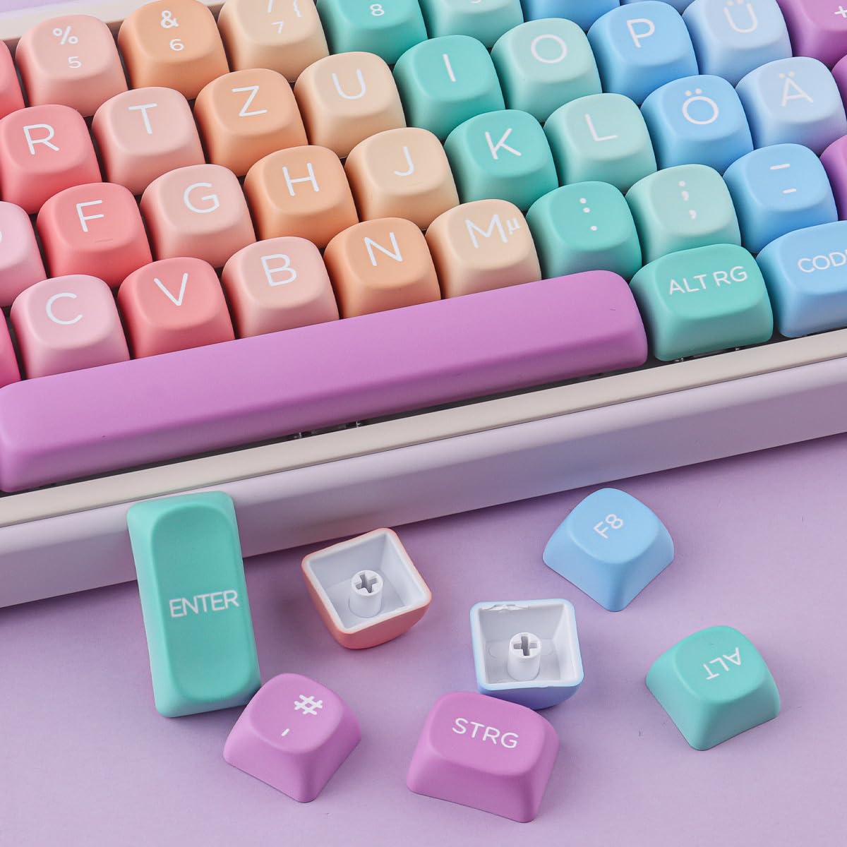 Sunzit MOA Keycaps, 132 Tasten PBT ISO DE Keycaps Niedliches Regenbogen Bonbon Set mit individuellen Tastenkappen für Cherry MX-Schalter ISO DE Layout Mechanische Gaming Tastatur(DE Layout)