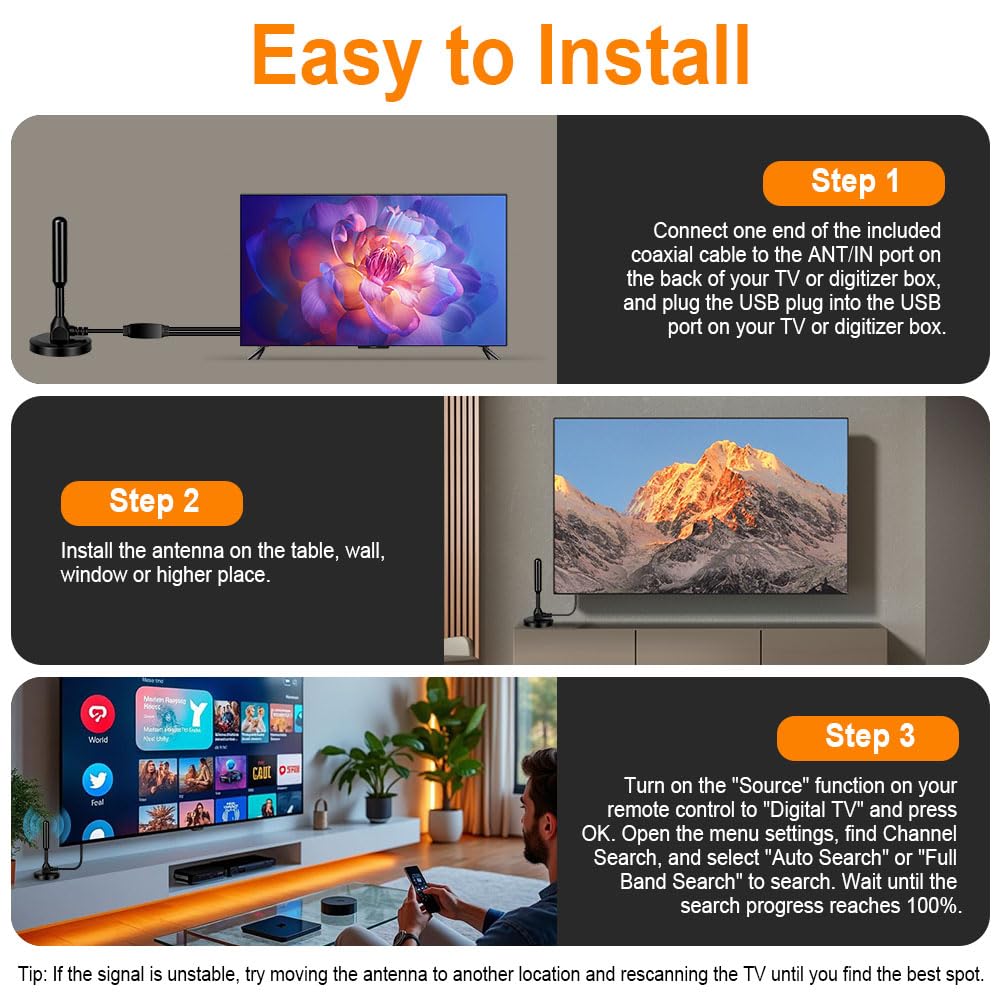 Antenna Tv Interna Amplificata Potente, Antenna TV Digitale HD, 360° Segnale Ricezione con Base Magnetica, Cavo Coassiale 5M per Smart TV/Radio