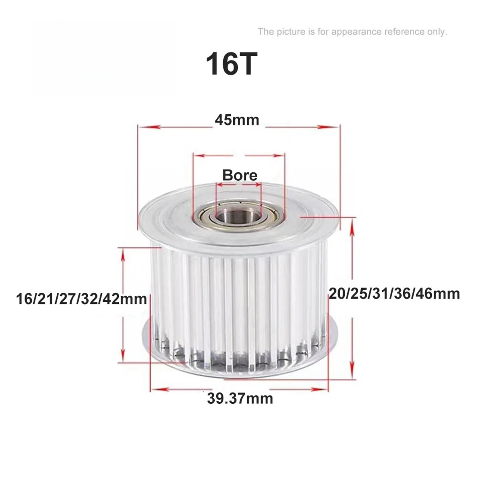 Polea de 1 pieza HTD8M 15 dientes 16 20 dientes tensor polea de inversión agujero 5 mm-17 mm con rodamiento para correa dentada HTD 8M Ancho 15/20/25/30/40 mm (16T Bore 5 mm, con teeth,21 mm (para