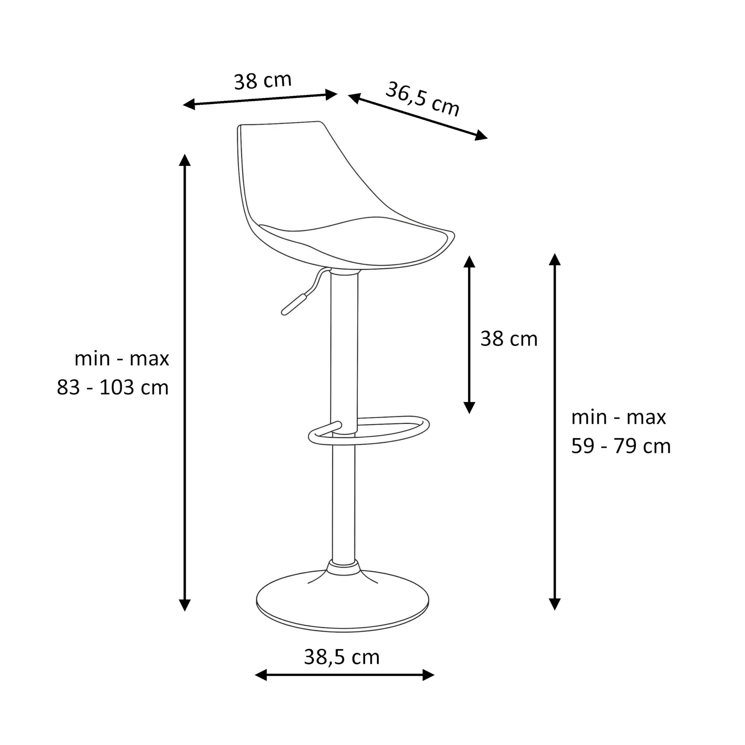 2 taburetes de cocina regulables en altura blancos con respaldo alto | Asiento acolchado y tapizado en poliel. Respaldo alto rígido. Altura ajustable de 83 a 104 cm. Resiste hasta 120 kg