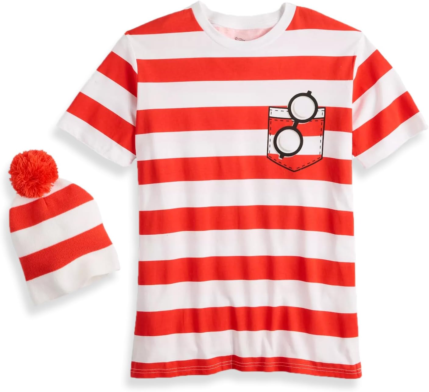 Mad Engine Where's Waldo T-Shirt Men's Pocket Glasses Costume Dress Up Tee and Beanie Set