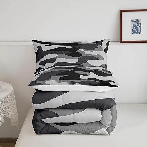 Miniatura 4 de Juego de edredón de plumón de camuflaje individual, juego de ropa de cama de camuflaje militar gris y negro, juego de edredón ligero de 2 piezas