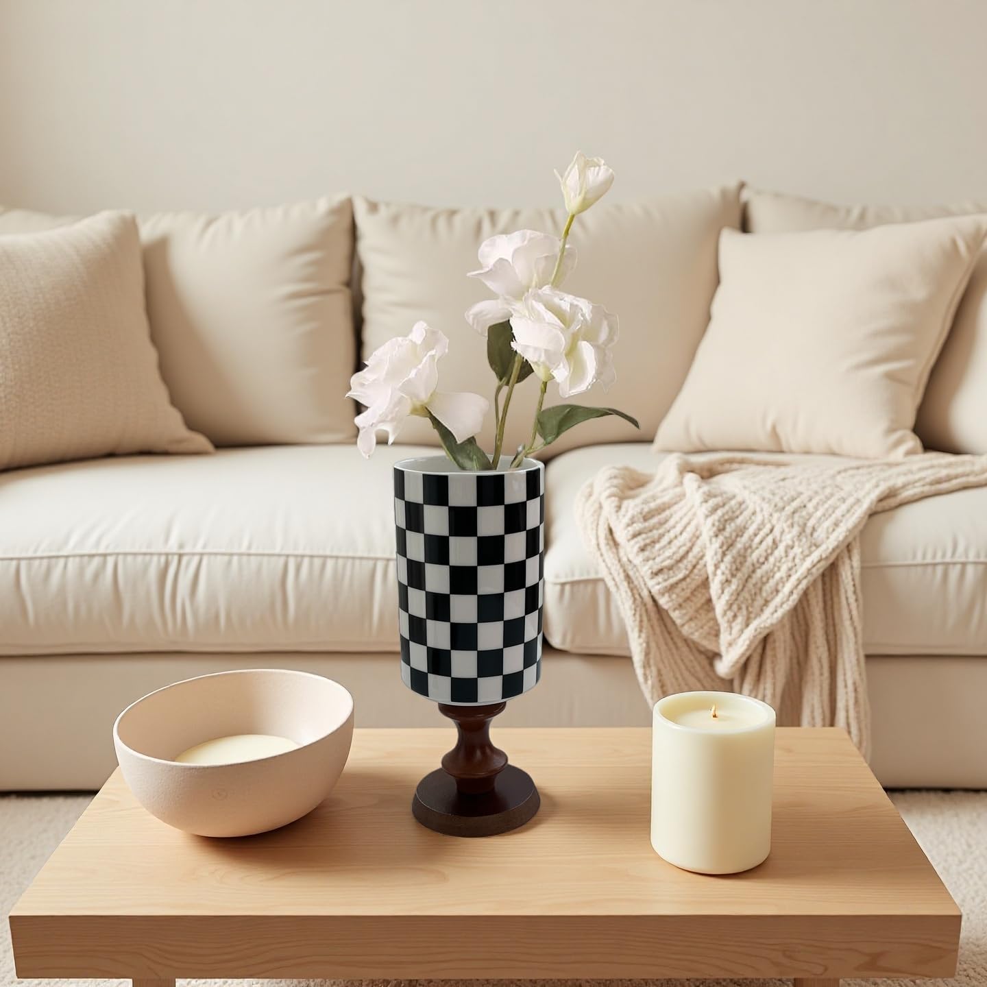 Checker Porcelain Flower Vase Home Decor, Black and White Ceramic Vase for Dining Table Kitchen Tabletop Minimalist Decorative(H-7.68inches,Wooden Base)