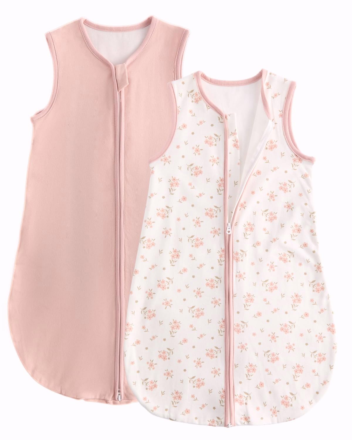 JiAmy 1.0 TOG Baby Schlafsack aus Baumwolle 2er Pack, Unisex Babyschlafsack ohne Ärmel für Neugeborene & Babys Rosa Blumen 12-18 Monate