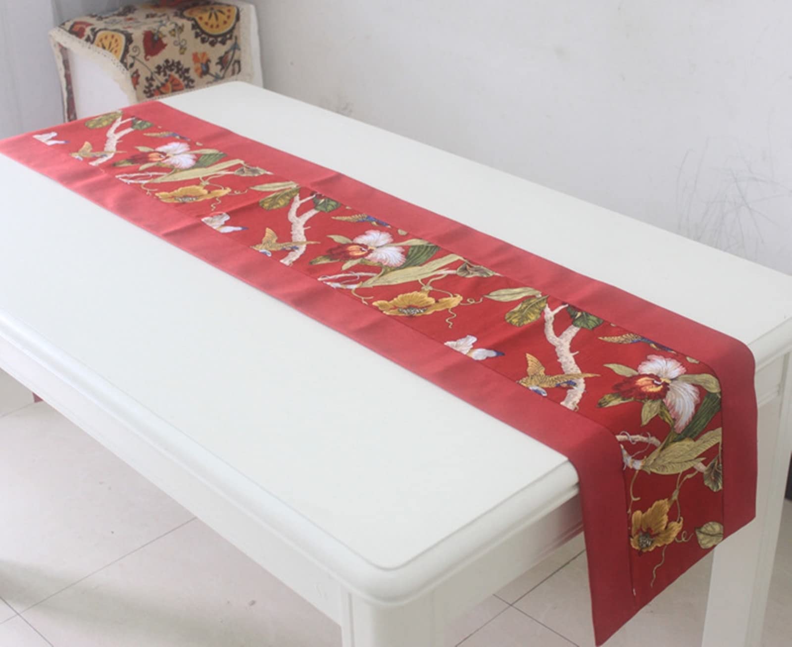 Świąteczny bieżnik na stół, czerwony centralny bieżnik na stół etniczne kwiaty bawełniane płótno bieżnik na stół 32 x 180 cm dekoracja kuchni dekoracje stołu