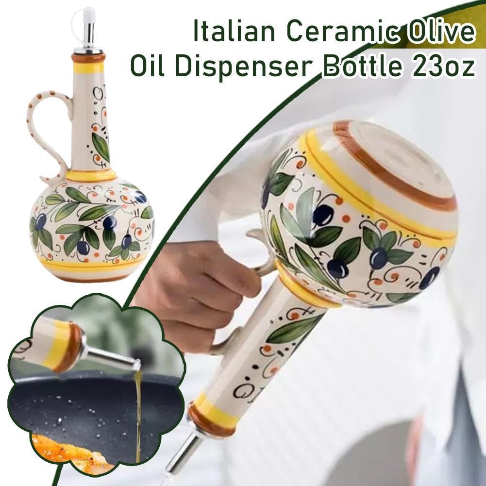 Botella dispensadora de aceite de oliva de cerámica italiana, vinagre de gres pintado a mano con boquilla de acero inoxidable para aceites de cocina, vinagre y salsas, capacidad de 23 onzas