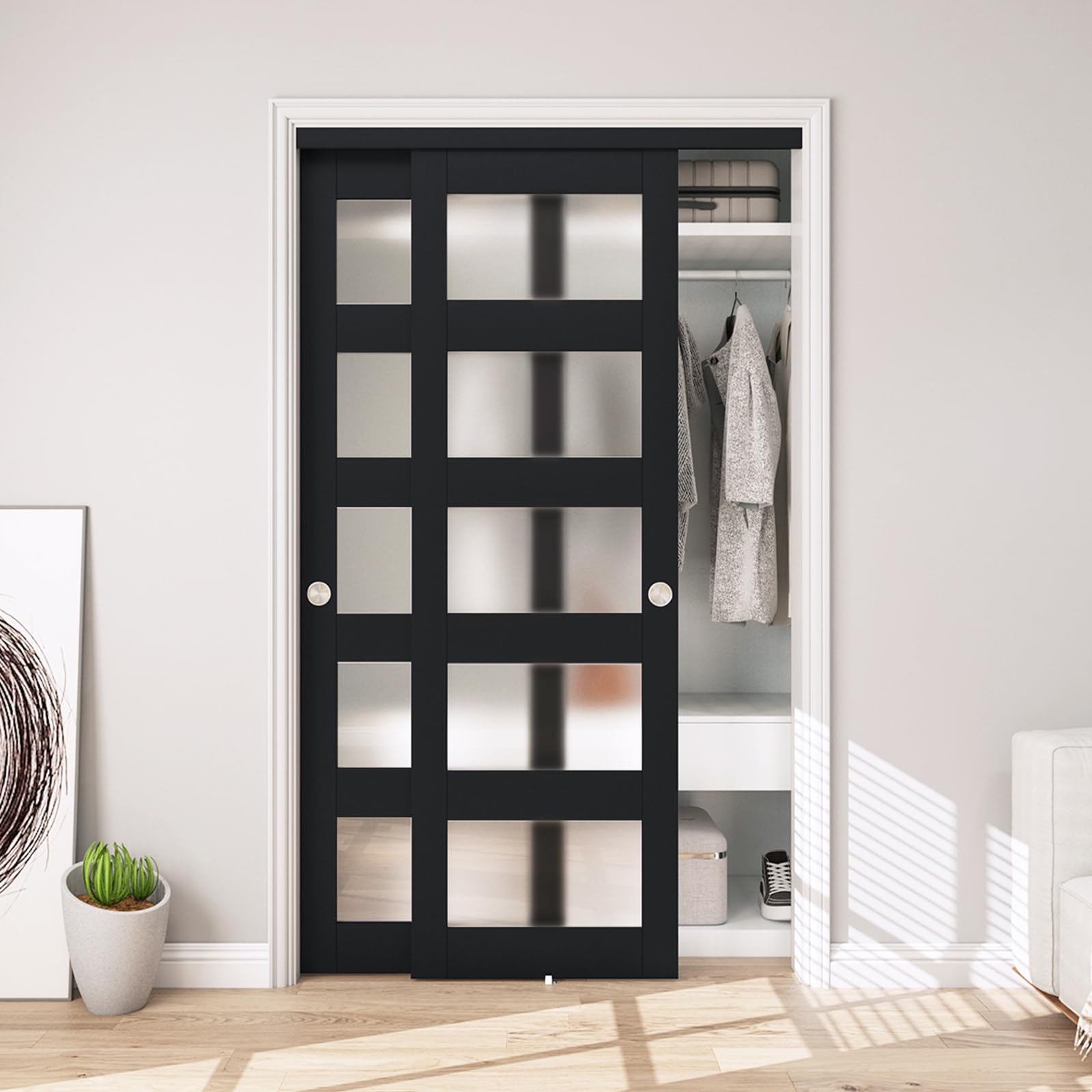 JUBEST 48 x 80 Sliding Closet Door 5-Lite Frosted Glass Black