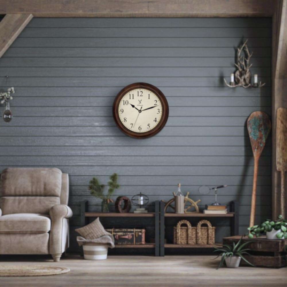 Holzwerk Natur Vintage Retro Holz Wanduhr Holz-Uhr laufleises Uhrwerk ohne Tickgeräusche Braun nahezu lautlos aus handgefertigtem Massivholz Natur 14 Zoll 35cm (HWN.Braun)