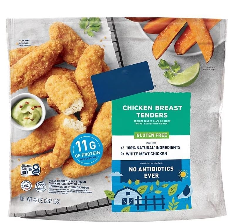 Chicken Breast Tenders are made with boneless chicken breast meat and coated with a tasty breading! Crisp and juicy right out of the oven, these no antibiotics ever chicken tenders are great for the whole family. Serve with fresh fruit and celery sticks for a gluten-free meal everyone will love . [ 42 oz , 2.6 lb ]