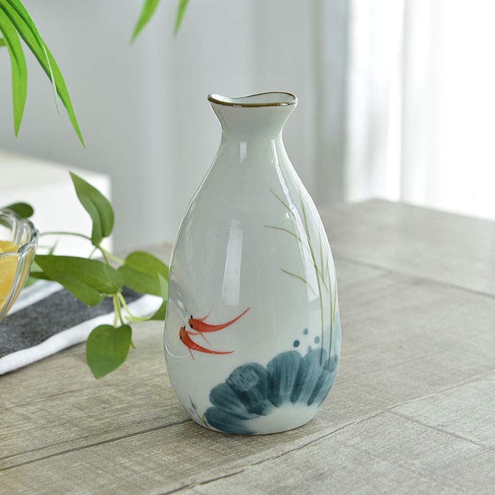 Service à saké Japonais, Tasse en céramique et Verre à vin Artisanal en Porcelaine Peinte à la Main, Lot de 5 (Poisson Rouge)